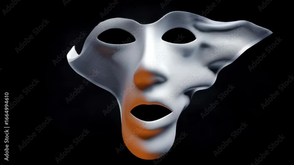 Poster abstract white mask with flowing contours and expressive features transitions through dynamic motion