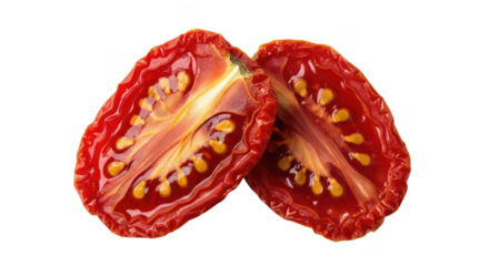 Two halves of a sun dried tomato showing seeds and pulp food fruit image