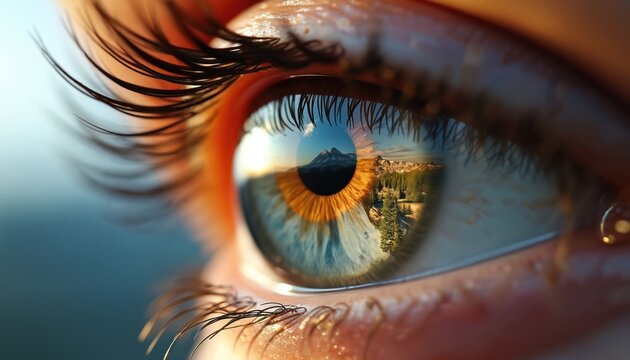 Close-up of eye with vibrant orange iris and black pupil. Soft blurred background suggests serene outdoor setting. Unique perspective from slightly elevated angle.