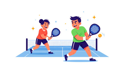 Energetic Padel Doubles Match Featuring Two Passionate Players, Illustrating Dynamic Action and Sportive Expressions on the Blue Court