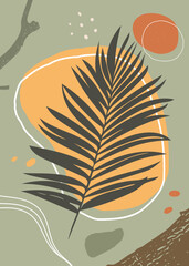 Palm frond silhouette with earthy orange, green, and beige accents. Modern tropical background for posters, cards, and branding. Perfect for wallpaper, design, and packaging.