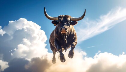 Bull Leaping Clouds with Sunny Sky.