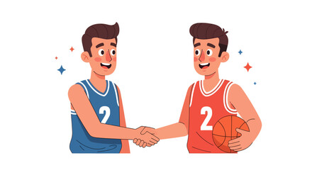 Fototapeta premium Celebrating sportsmanship and fair play, two friendly basketball players, rivals on the court, share a respectful handshake illustrating unity and teamwork in sport