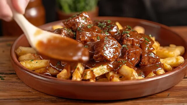 Poutine-esque dish of fries topped with beef chunks and gravy