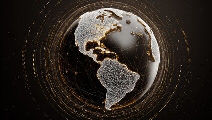 Dark, glittering globe with gold network lines and swirling data streams, primarily showcasing North and South America