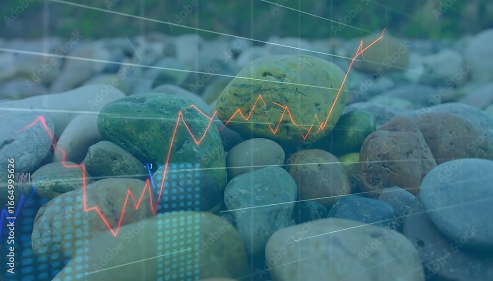 Poster overlapping financial charts and a pile of varied stones create a visual metaphor for growth and inv