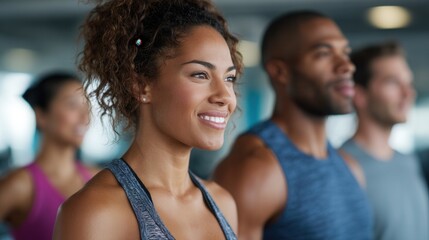 A diverse group of individuals smiling while participating in a fitness class. The atmosphere is positive and energetic, showcasing teamwork and motivation.