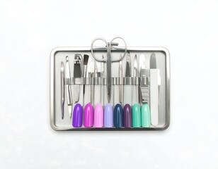 Metal nail art tool tray with colorful polish