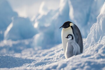 An emperor penguin and its chick stand on a snowy landscape surrounded by ice formations. The scene captures the bond between parent and offspring in a cold environment.