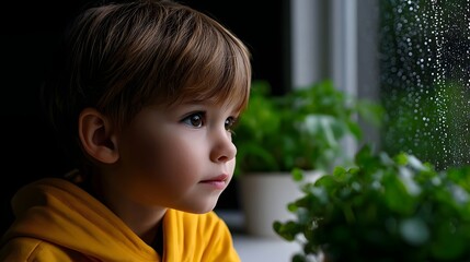 Thoughtful boy gazing out the window at plants