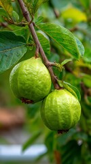 Awesome photo of close-up of two green guavas hanging on a tree branch, ready for harvest.