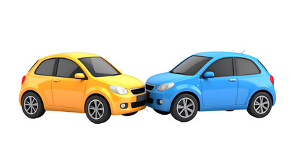 Fototapeta premium Two compact cars are shown in a minor collision, their bumpers touching, suggesting a low-speed accident or parking mishap scenario.