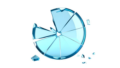 Shattered glass pie chart explodes outwards, showcasing fragmented pieces and a central void, symbolizing broken data or a failed project, with sharp edges and a transparent blue hue.