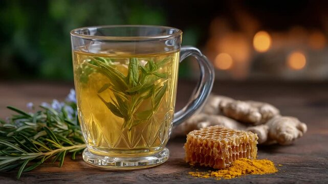 A vibrant glass mug of golden herbal tea with turmeric, ginger, rosemary, and mint, accompanied by honeycomb and turmeric powder.