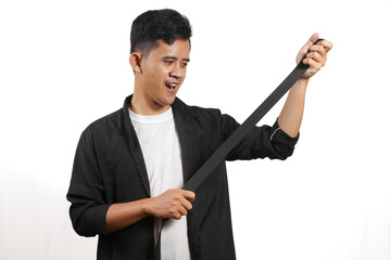 Asian man wearing black belt low price promotion program