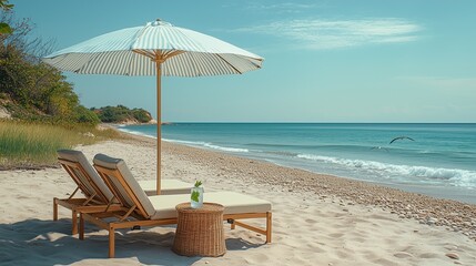 Striped Beach Umbrella with Lounge Chairs on Sandy Shore