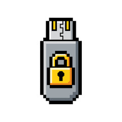 Pixelated USB drive with a golden padlock on it, symbolizing data security.