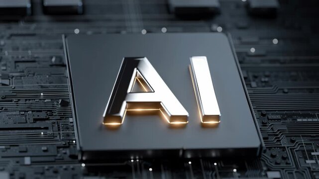 Metallic AI logo illuminating a dark circuit board, symbolizing the power of artificial intelligence in modern technology