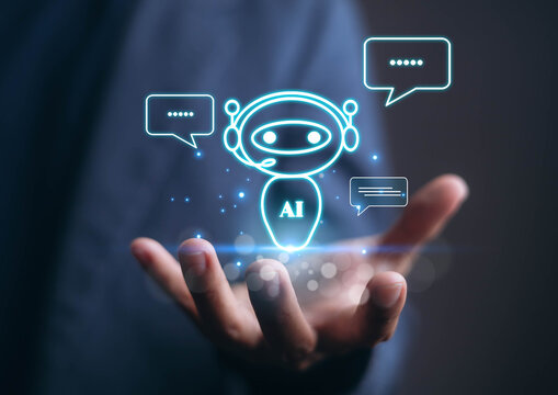 Futuristic AI chatbot icon with speech bubbles floating above a human hand, symbolizing artificial intelligence, customer support automation, and digital communication technology.