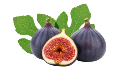 Two whole purple figs and one halved fig with green leaves on fruit food