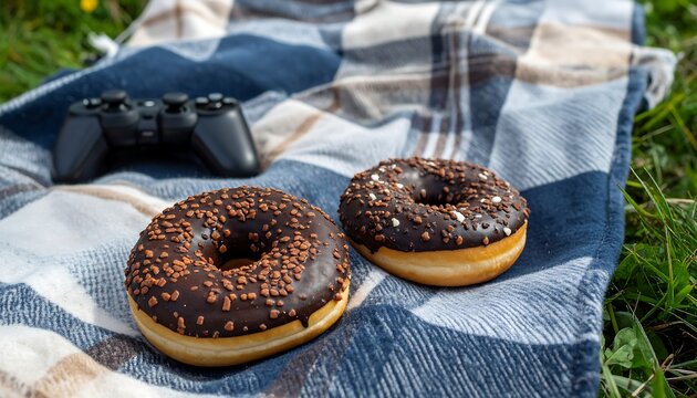 Two Chocolate Donuts on a Picnic Blanket with a Game Controller