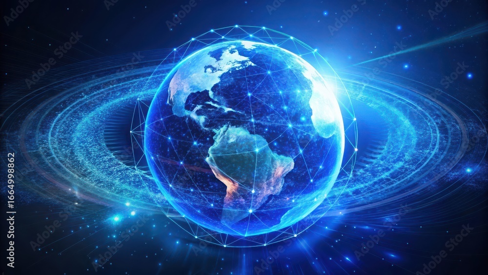 Poster futuristic glowing blue earth orb with interconnected digital network lines and glowing particles is