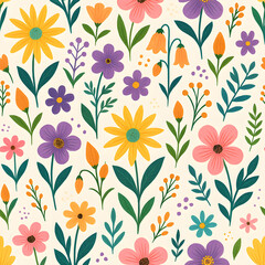 A vibrant and colorful floral pattern featuring various flowers and foliage