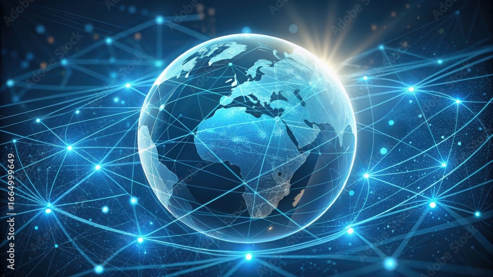 Poster glowing blue digital earth globe with interconnected network of bright blue light nodes and lines is