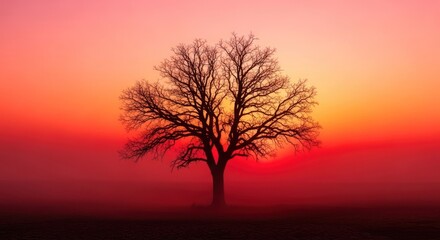 Silhouette of Bare Tree at Sunset with Vibrant Orange and Pink Sky.