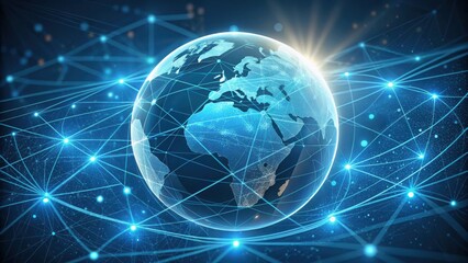 Glowing blue digital earth globe with interconnected network of bright blue light nodes and lines isolated on transparent background
