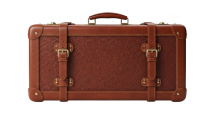 Vintage brown leather suitcase with embossed pattern and brass buckles luggage
