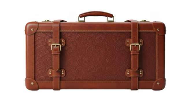 Vintage brown leather suitcase with embossed pattern and brass buckles luggage