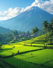 Obraz premium Scenic rice paddy farming in terraced fields set against majestic mountain backdrop. Village scene with working people. Asian rural landscape. Rice cultivation, harvesting, summer season in