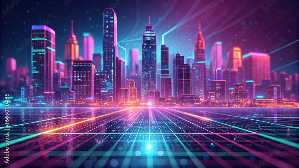 Poster futuristic neon cityscape with glowing digital data streams and reflections on a wet street isolated