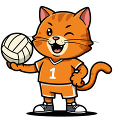 Winking orange cat in a sporty orange jersey holds a volleyball confidently, smiling with one paw on its hip.