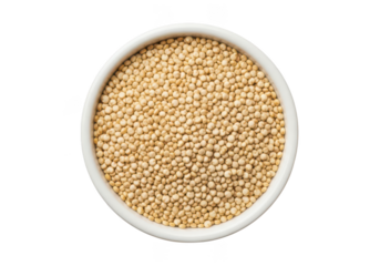 White bowl filled with uncooked light tan quinoa seeds overhead view grain food image