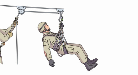 Soldier rappelling down a rope during military training exercise.