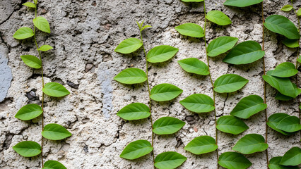 A textured concrete wall serves as a backdrop for an organized pattern of healthy green creeping fig vines with small leaves, creating a clean, natural design.

