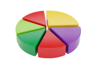 Colorful 3D Pie Chart Divided into Six Separate Slices Isolated on White Background
