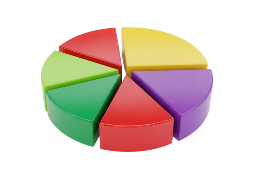 Colorful 3D Pie Chart Divided into Six Separate Slices Isolated on White Background