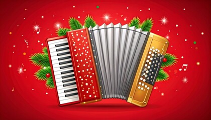 Red Accordion with Christmas, and Festive Music.