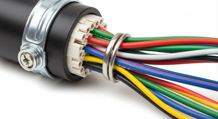 Electrical Cable Wiring Harness with Color Coded Wires | Close-up of Connection Point for Technology, Repair, or Telecommunications