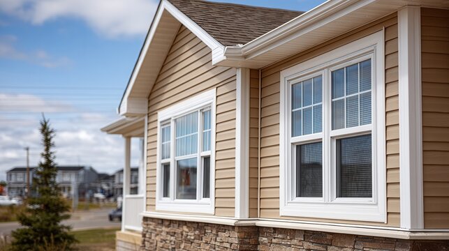 A close-up view of a modern residential home showcasing elegant windows and siding. The setting is suburban, conveying a sense of comfort and style.