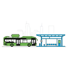 Green Bus at Blue Bus Stop with City Skyline