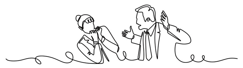 Continuous line art of a man as a boss being depressed and angry with a woman as his subordinate. vector illustration