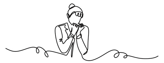 Continuous line art of a woman who is scared and shocked with her hands clenched. vector illustration
