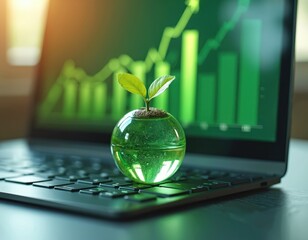 Innovative laptop keyboard features green globe with plant, symbolizing sustainability, technology. Digital growth trends shown on screen with charts, graphs. Business, finance, nature combined.