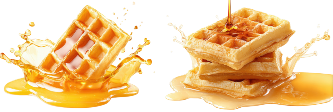 Golden waffles drenched in syrup, splashing with deliciousness