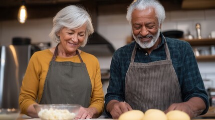 An elderly couple joyfully preparing food together in a warm kitchen. They are smiling and engaged in the cooking process, showcasing teamwork and love.
