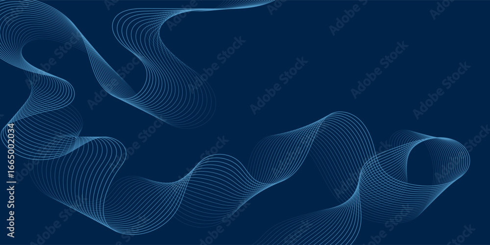 Aufkleber wave line of flowing particles over dark abstract vector background, smooth curvy shape shining dots